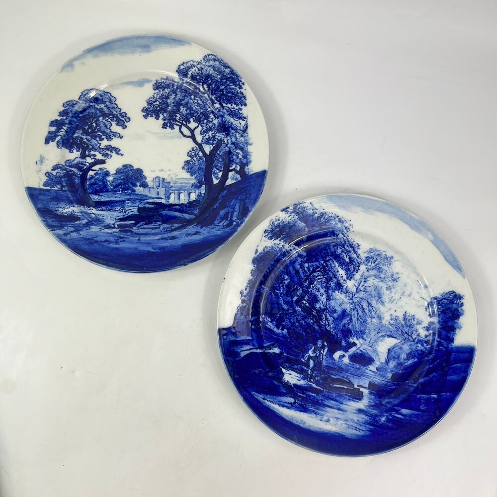 Antique Cauldon England Flow Blue Scenic Plates 10.5” Edwardian c1905 Pair Vtg